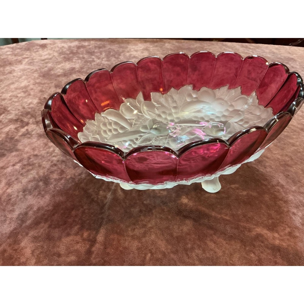 Vintage Cranberry Ruby Red Frosted Glass Grape Footed Centerpiece Scalloped Bowl